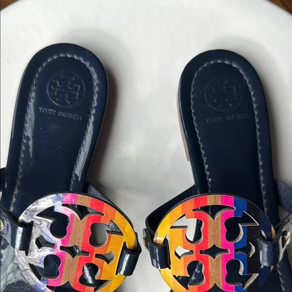 Tory Burch Navy Miller Sandals Multicolor  Logo Size 8.5 - Picture 4 of 13